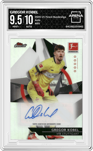 Gregor Kobel from the 2020-21 Topps Finest Bundesliga set graded by Arena Club and given an overall grade of 9.5.
