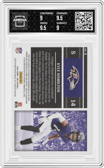 Kyle Hamilton from the 2022 Panini One set featuring a Blue parallel graded by Arena Club and given an overall grade of 9.5.