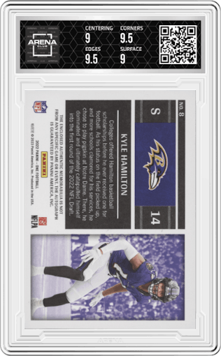 Kyle Hamilton from the 2022 Panini One set featuring a Blue parallel graded by Arena Club and given an overall grade of 9.5.