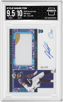 Kyle Hamilton from the 2022 Panini One set featuring a Blue parallel graded by Arena Club and given an overall grade of 9.5.