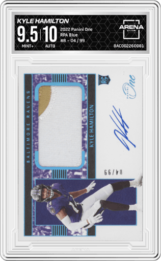 Kyle Hamilton from the 2022 Panini One set featuring a Blue parallel graded by Arena Club and given an overall grade of 9.5.