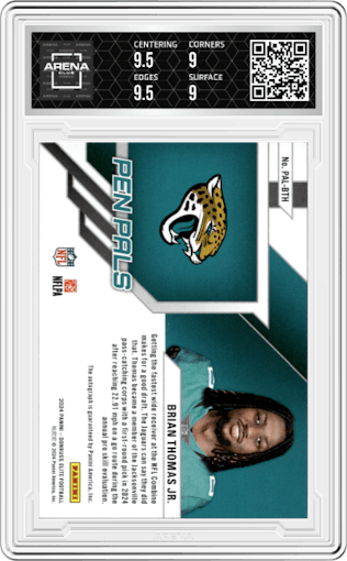 Brian Thomas Jr. from the 2024 Panini Donruss Elite set graded by Arena Club and given an overall grade of 9.5.