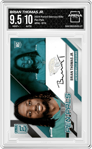 Brian Thomas Jr. from the 2024 Panini Donruss Elite set graded by Arena Club and given an overall grade of 9.5.
