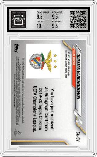 Odisseas Vlachodimos from the 2019-20 Topps Chrome UEFA Champions League set graded by Arena Club and given an overall grade of 10.