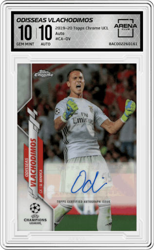 Odisseas Vlachodimos from the 2019-20 Topps Chrome UEFA Champions League set graded by Arena Club and given an overall grade of 10.