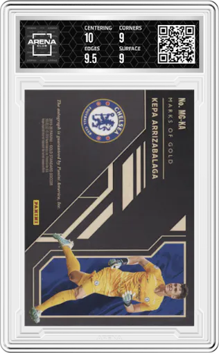 Kepa Arrizabalaga from the 2019-20 Panini Gold Standard set graded by Arena Club and given an overall grade of 9.5.