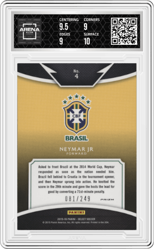 Neymar Jr. from the 2015-16 Panini Select set featuring a Camo parallel graded by Arena Club and given an overall grade of 9.5.