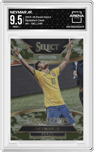 Neymar Jr. from the 2015-16 Panini Select set featuring a Camo parallel graded by Arena Club and given an overall grade of 9.5.