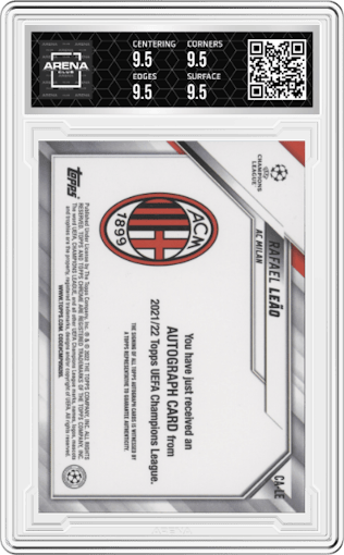 Rafael Leao from the 2021-22 Topps Chrome UEFA Champions League set graded by Arena Club and given an overall grade of 9.5.