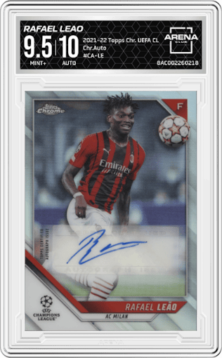 Rafael Leao from the 2021-22 Topps Chrome UEFA Champions League set graded by Arena Club and given an overall grade of 9.5.