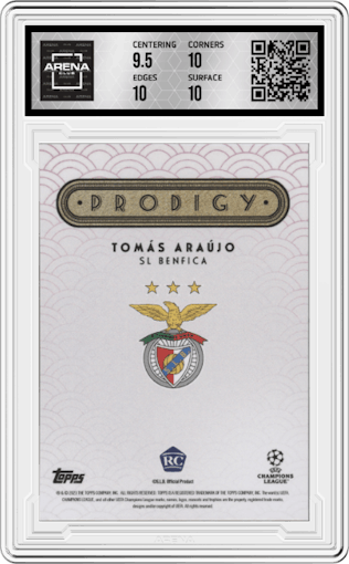 Tomas Araujo from the 2023-24 Topps Deco UEFA Club Competitions set featuring a Purple parallel graded by Arena Club and given an overall grade of 10.