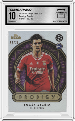 Tomas Araujo from the 2023-24 Topps Deco UEFA Club Competitions set featuring a Purple parallel graded by Arena Club and given an overall grade of 10.
