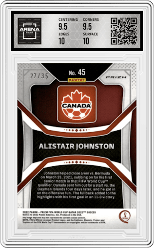 Alistair Johnston from the 2022 Panini Prizm FIFA WC Qatar set featuring a Breakaway Purple parallel graded by Arena Club and given an overall grade of 10.