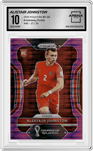 Alistair Johnston from the 2022 Panini Prizm FIFA WC Qatar set featuring a Breakaway Purple parallel graded by Arena Club and given an overall grade of 10.