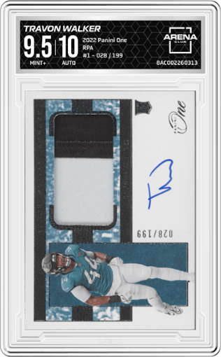 Travon Walker from the 2022 Panini One set graded by Arena Club and given an overall grade of 9.5.