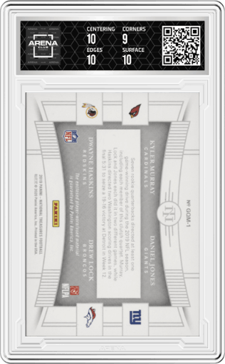 Kyler Murray/Daniel Jones/Dwayne Haskins/Drew Lock from the 2019 Panini National Treasures set featuring a Holo Gold parallel graded by Arena Club and given an overall grade of 9.5.