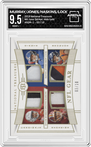 Kyler Murray/Daniel Jones/Dwayne Haskins/Drew Lock from the 2019 Panini National Treasures set featuring a Holo Gold parallel graded by Arena Club and given an overall grade of 9.5.
