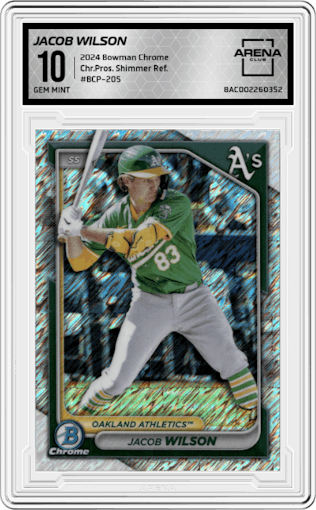 Jacob Wilson from the 2024 Bowman Chrome set featuring a Shimmer Refractor parallel graded by Arena Club and given an overall grade of 10.