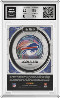 Josh Allen from the 2022 Panini Mosaic set featuring a Purple Mosaic parallel graded by Arena Club and given an overall grade of 10.