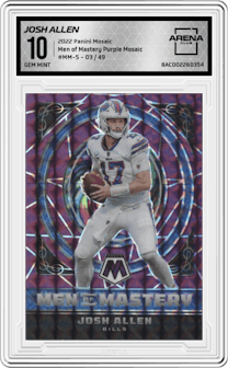 Josh Allen from the 2022 Panini Mosaic set featuring a Purple Mosaic parallel graded by Arena Club and given an overall grade of 10.