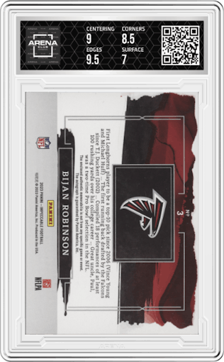 Bijan Robinson from the 2023 Panini Impeccable set featuring a Football parallel graded by Arena Club and given an overall grade of 7.5.