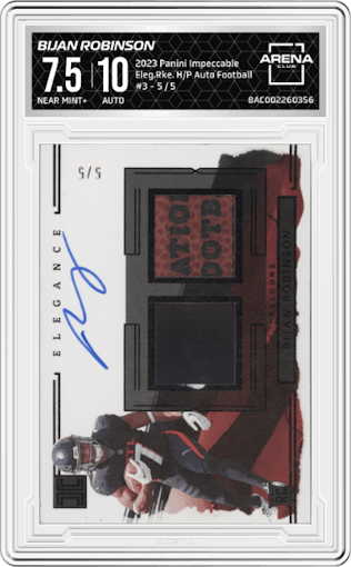 Bijan Robinson from the 2023 Panini Impeccable set featuring a Football parallel graded by Arena Club and given an overall grade of 7.5.