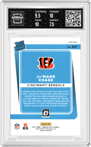 Ja'Marr Chase from the 2021 Panini Donruss Optic set featuring a Green Velocity parallel graded by Arena Club and given an overall grade of 8.