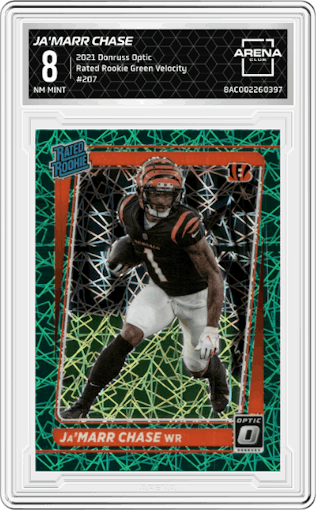 Ja'Marr Chase from the 2021 Panini Donruss Optic set featuring a Green Velocity parallel graded by Arena Club and given an overall grade of 8.