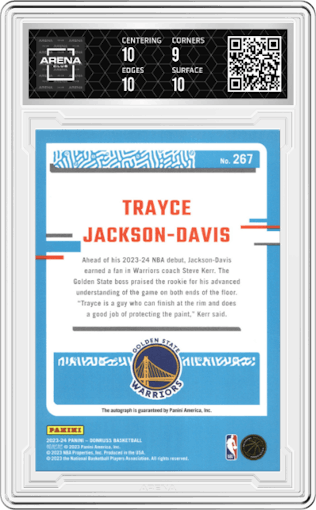 Trayce Jackson-Davis from the 2023-24 Panini Donruss set featuring a  Choice  parallel graded by Arena Club and given an overall grade of 9.5.