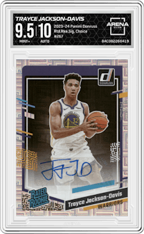 Trayce Jackson-Davis from the 2023-24 Panini Donruss set featuring a  Choice  parallel graded by Arena Club and given an overall grade of 9.5.