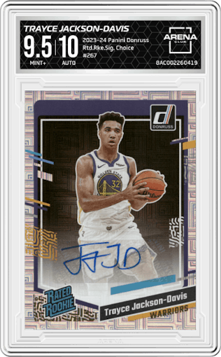 Trayce Jackson-Davis from the 2023-24 Panini Donruss set featuring a  Choice  parallel graded by Arena Club and given an overall grade of 9.5.