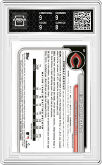 Elly De La Cruz from the 2024 Bowman Chrome set featuring a Gold Refractor parallel graded by Arena Club and given an overall grade of 8.5.
