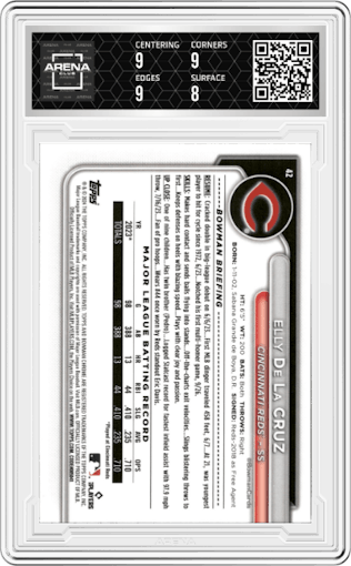 Elly De La Cruz from the 2024 Bowman Chrome set featuring a Gold Refractor parallel graded by Arena Club and given an overall grade of 8.5.