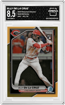 Elly De La Cruz from the 2024 Bowman Chrome set featuring a Gold Refractor parallel graded by Arena Club and given an overall grade of 8.5.