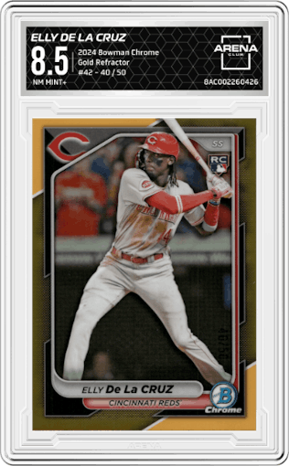Elly De La Cruz from the 2024 Bowman Chrome set featuring a Gold Refractor parallel graded by Arena Club and given an overall grade of 8.5.