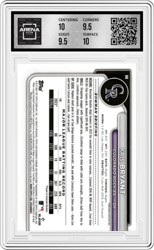 Kris Bryant from the 2024 Bowman Chrome set featuring a Fuchsia Refractor parallel graded by Arena Club and given an overall grade of 10.