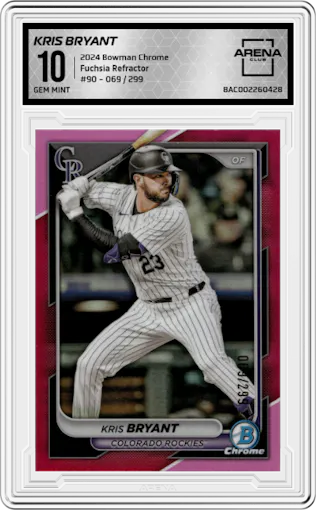 Kris Bryant from the 2024 Bowman Chrome set featuring a Fuchsia Refractor parallel graded by Arena Club and given an overall grade of 10.