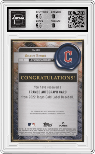 Shane Bieber  from the 2022 Topps Gold Label set graded by Arena Club and given an overall grade of 10.