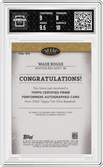 Wade Boggs from the 2024 Topps Tier One  set featuring a Green Foil parallel graded by Arena Club and given an overall grade of 8.5.