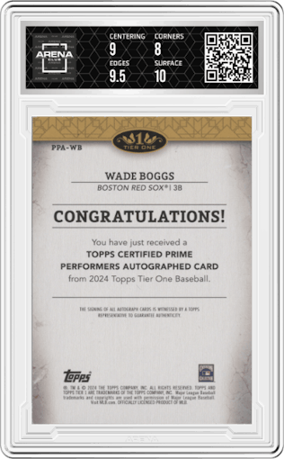 Wade Boggs from the 2024 Topps Tier One  set featuring a Green Foil parallel graded by Arena Club and given an overall grade of 8.5.