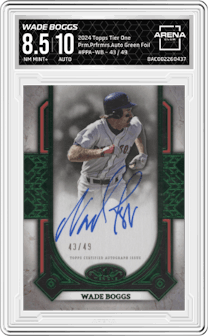 Wade Boggs from the 2024 Topps Tier One  set featuring a Green Foil parallel graded by Arena Club and given an overall grade of 8.5.