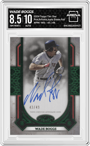 Wade Boggs from the 2024 Topps Tier One  set featuring a Green Foil parallel graded by Arena Club and given an overall grade of 8.5.