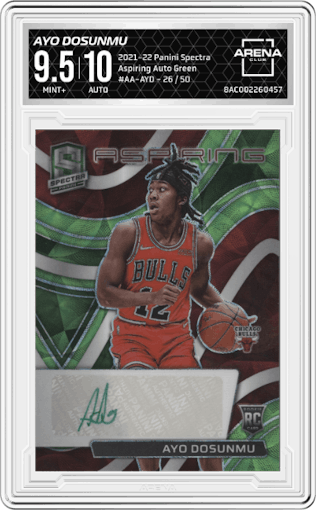 Ayo Dosunmu from the 2021-22 Panini Spectra set featuring a Green parallel graded by Arena Club and given an overall grade of 9.5.