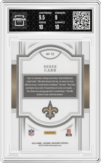 Derek Carr from the 2023 Panini National Treasures set featuring a Gold parallel graded by Arena Club and given an overall grade of 9.5.