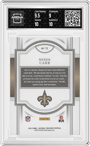 Derek Carr from the 2023 Panini National Treasures set featuring a Gold parallel graded by Arena Club and given an overall grade of 9.5.