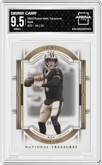 Derek Carr from the 2023 Panini National Treasures set featuring a Gold parallel graded by Arena Club and given an overall grade of 9.5.