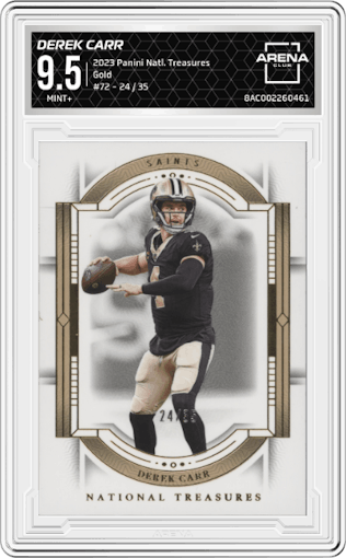 Derek Carr from the 2023 Panini National Treasures set featuring a Gold parallel graded by Arena Club and given an overall grade of 9.5.