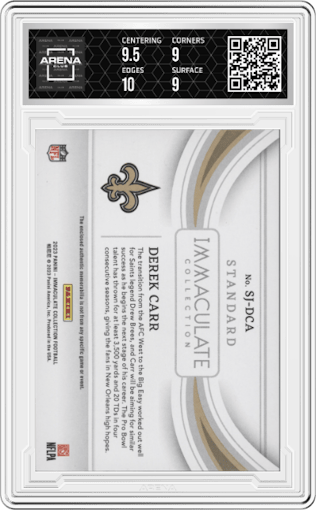 Derek Carr  from the 2023 Panini Immaculate Collection  set featuring a Prime parallel graded by Arena Club and given an overall grade of 9.5.