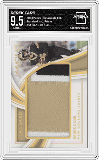 Derek Carr  from the 2023 Panini Immaculate Collection  set featuring a Prime parallel graded by Arena Club and given an overall grade of 9.5.