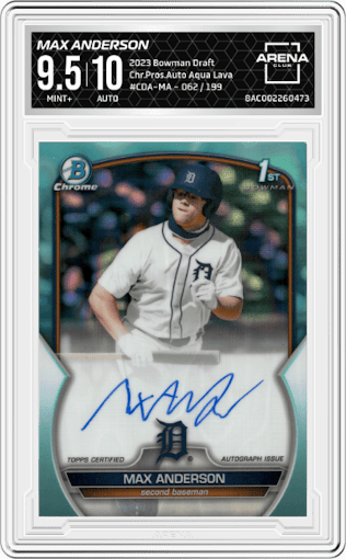 Max Anderson from the 2023 Bowman Draft set featuring a Aqua Lava Refractor parallel graded by Arena Club and given an overall grade of 9.5.